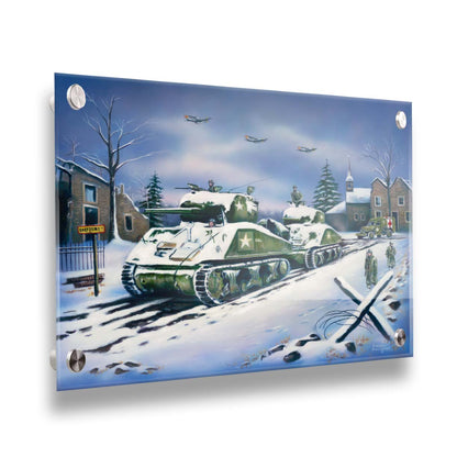 A painting of a line of Sherman tanks in Bastogne, Belgium. Allied soldiers walk alongside the tanks through the snow, and planes fly overhead. Printed on acrylic.