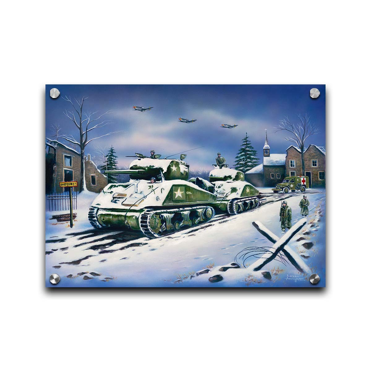 A painting of a line of Sherman tanks in Bastogne, Belgium. Allied soldiers walk alongside the tanks through the snow, and planes fly overhead. Printed on acrylic.