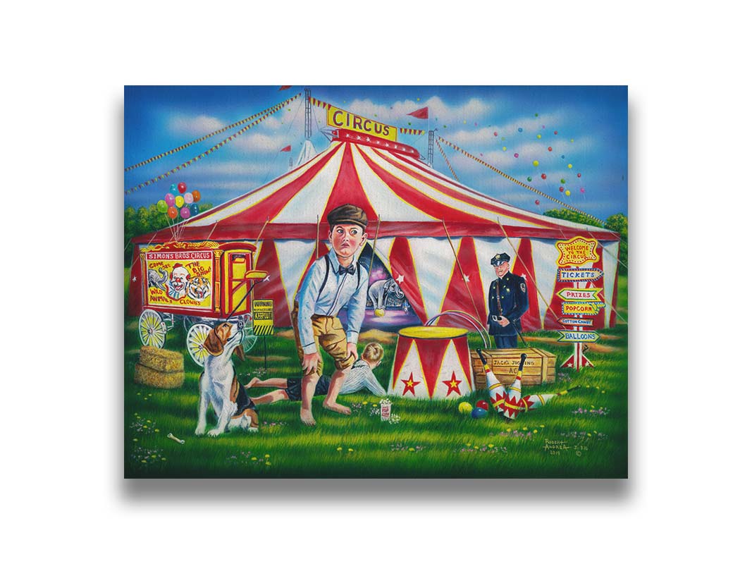 A painting of children at a circus. A large, iconic red and white tent houses elephants balancing on balls. The children are with their dog in the grass outside, and a police officer guards the enterance. Printed on canvas.