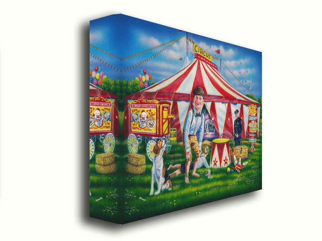 A painting of children at a circus. A large, iconic red and white tent houses elephants balancing on balls. The children are with their dog in the grass outside, and a police officer guards the enterance. Printed on canvas.