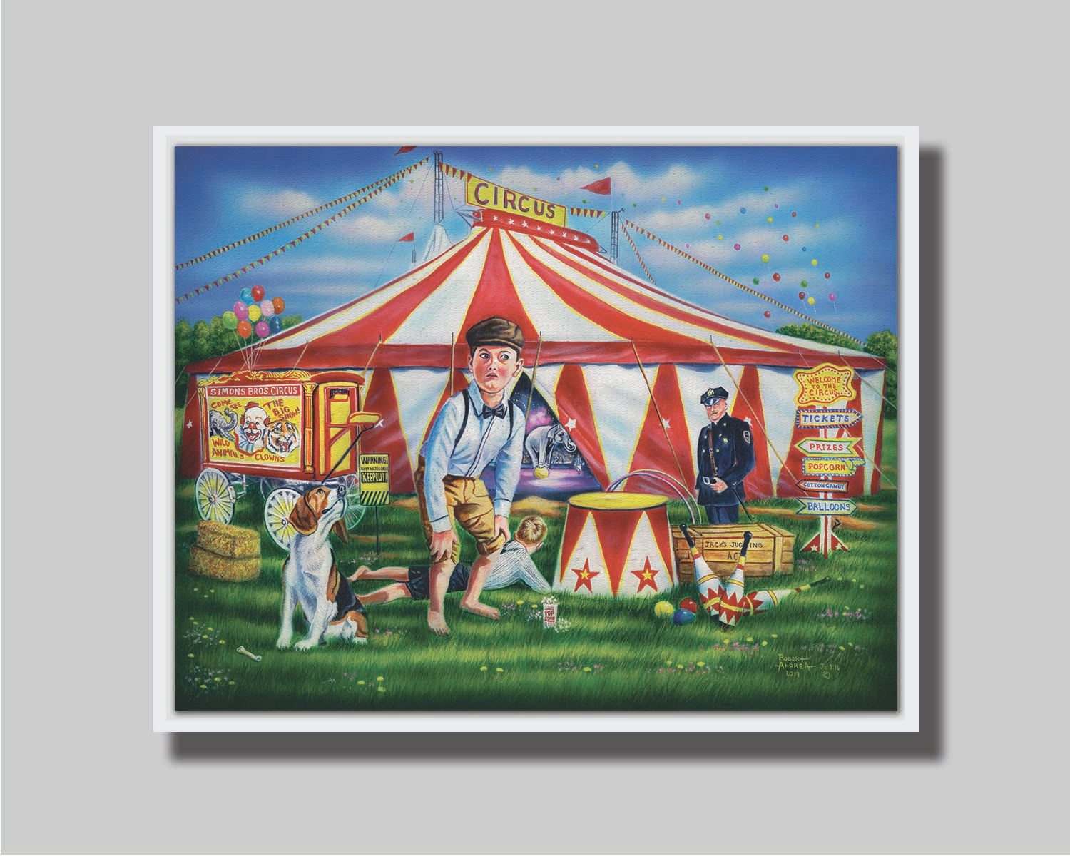 A painting of children at a circus. A large, iconic red and white tent houses elephants balancing on balls. The children are with their dog in the grass outside, and a police officer guards the enterance. Printed on canvas in a float frame.