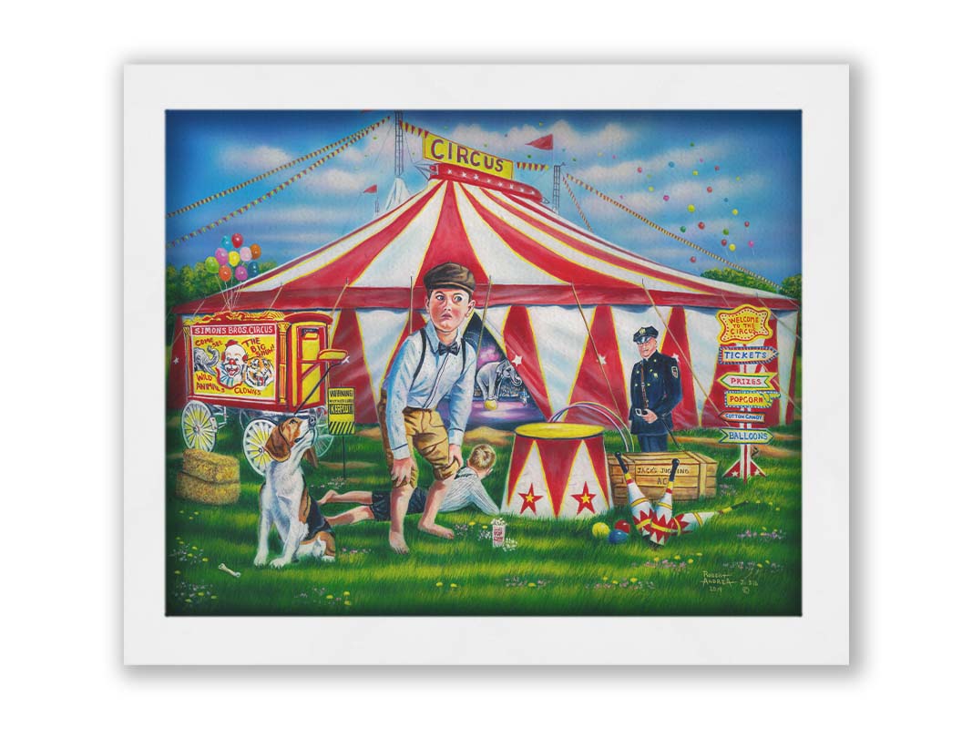 A painting of children at a circus. A large, iconic red and white tent houses elephants balancing on balls. The children are with their dog in the grass outside, and a police officer guards the enterance. Printed on canvas and framed.