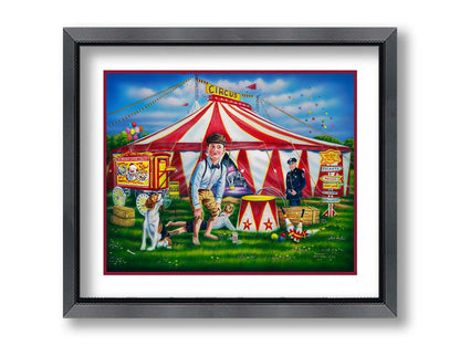 A painting of children at a circus. A large, iconic red and white tent houses elephants balancing on balls. The children are with their dog in the grass outside, and a police officer guards the enterance. Printed on paper, matted, and framed.