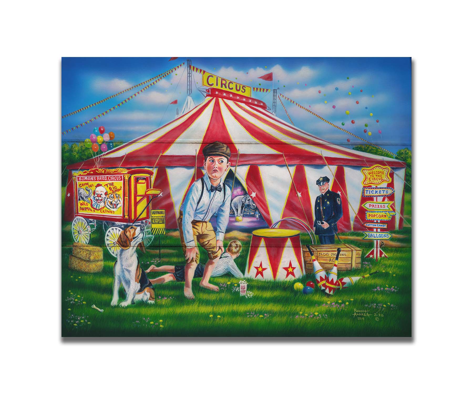 A painting of children at a circus. A large, iconic red and white tent houses elephants balancing on balls. The children are with their dog in the grass outside, and a police officer guards the enterance. Printed on a box board.