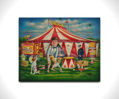 A painting of children at a circus. A large, iconic red and white tent houses elephants balancing on balls. The children are with their dog in the grass outside, and a police officer guards the enterance. Printed on a wood pallet.