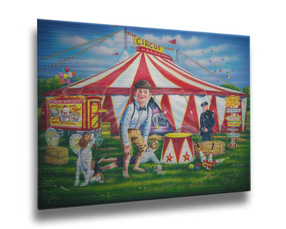 A painting of children at a circus. A large, iconic red and white tent houses elephants balancing on balls. The children are with their dog in the grass outside, and a police officer guards the enterance. Printed on metal.