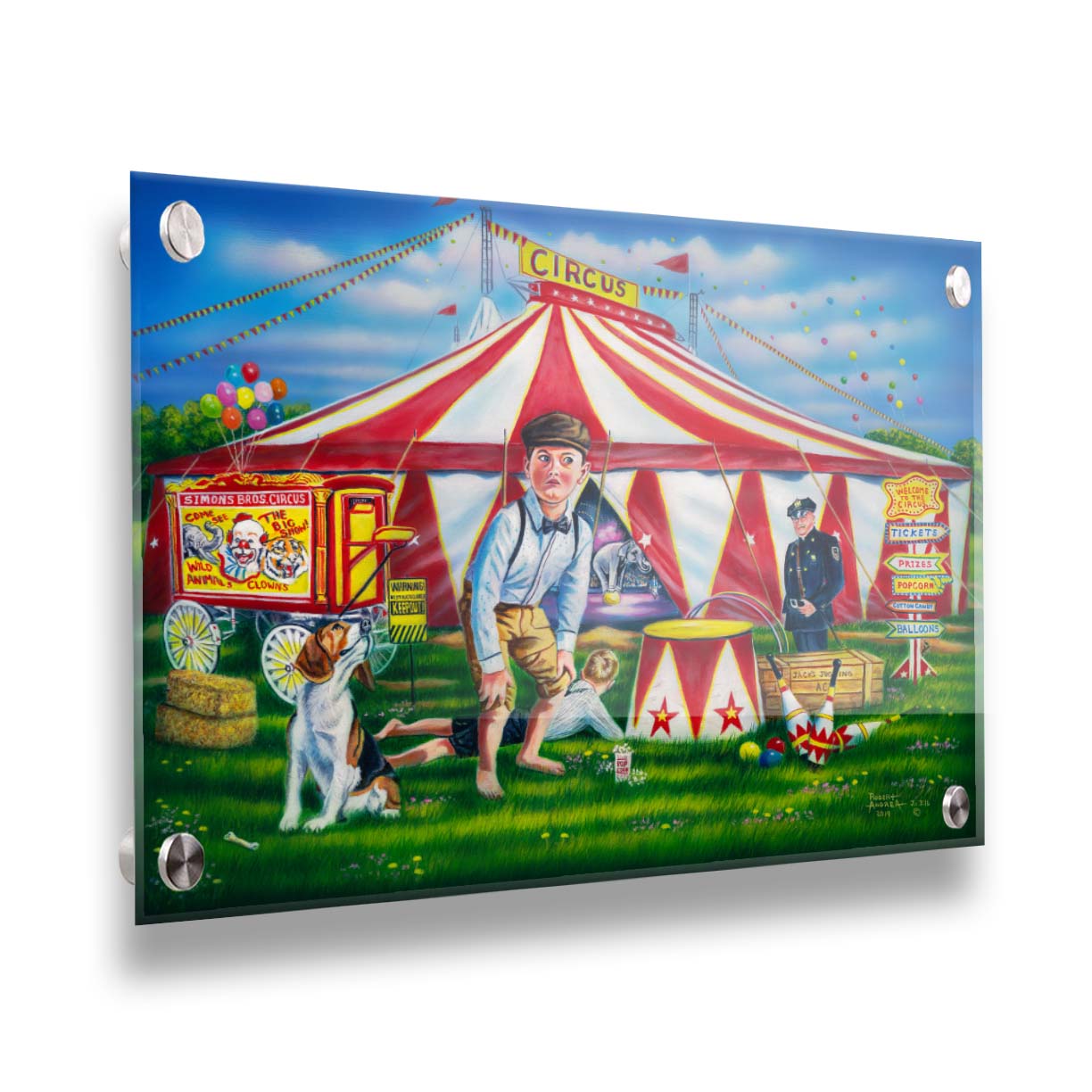 A painting of children at a circus. A large, iconic red and white tent houses elephants balancing on balls. The children are with their dog in the grass outside, and a police officer guards the enterance. Printed on acrylic.