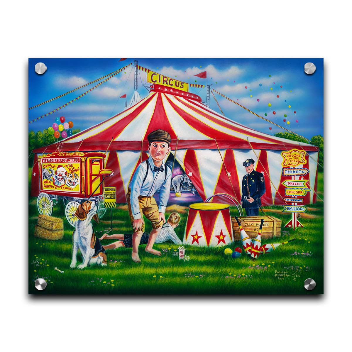 A painting of children at a circus. A large, iconic red and white tent houses elephants balancing on balls. The children are with their dog in the grass outside, and a police officer guards the enterance. Printed on acrylic.