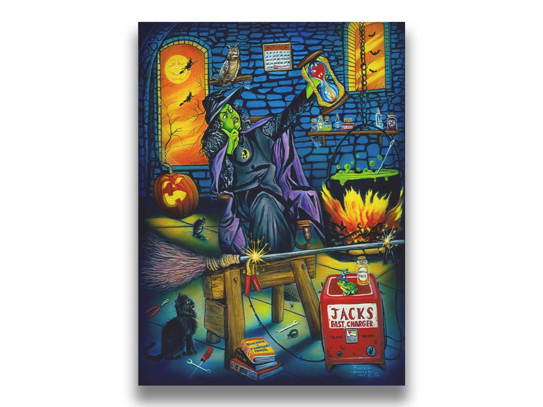 A painting of a witch, using a generator to charge her broom impatiently as other witches fly outside in front of the moon. Printed on canvas.