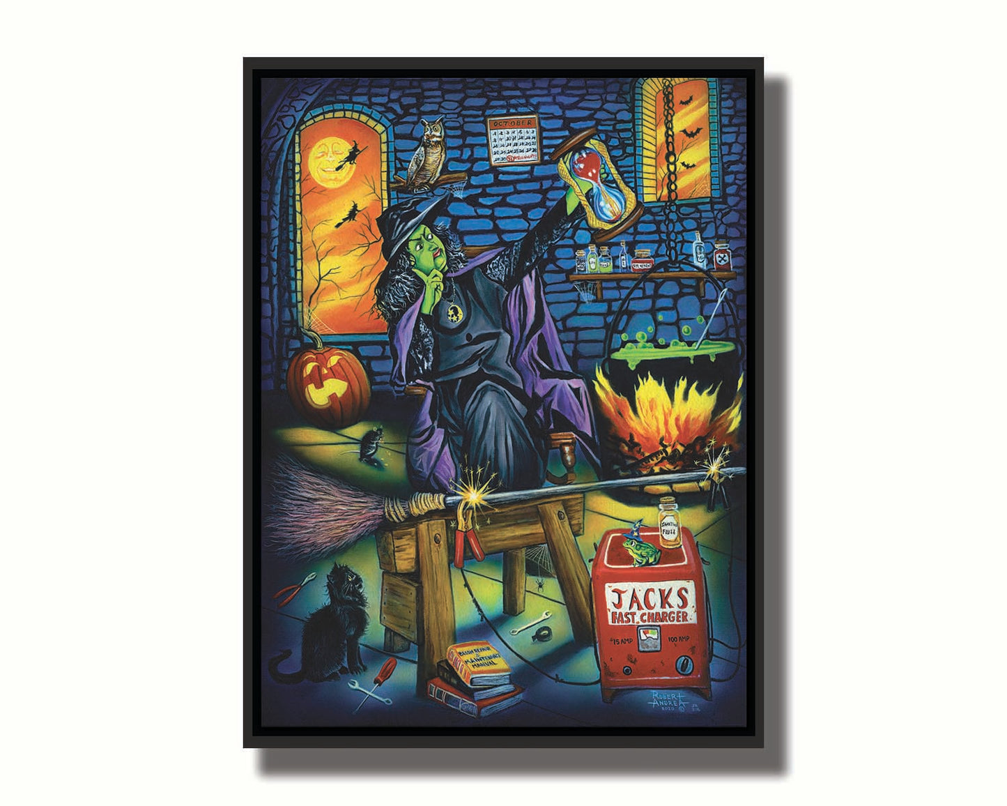 A painting of a witch, using a generator to charge her broom impatiently as other witches fly outside in front of the moon. Printed on canvas in a float frame.