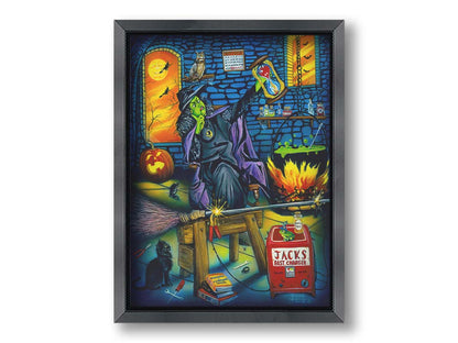 A painting of a witch, using a generator to charge her broom impatiently as other witches fly outside in front of the moon. Printed on canvas and framed.