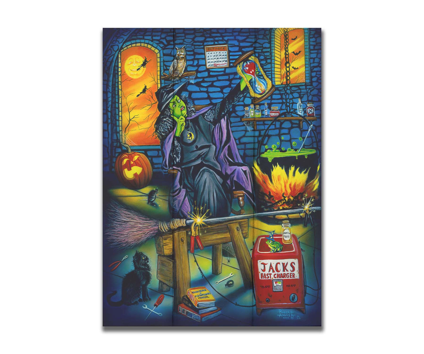 A painting of a witch, using a generator to charge her broom impatiently as other witches fly outside in front of the moon. Printed on a box board.