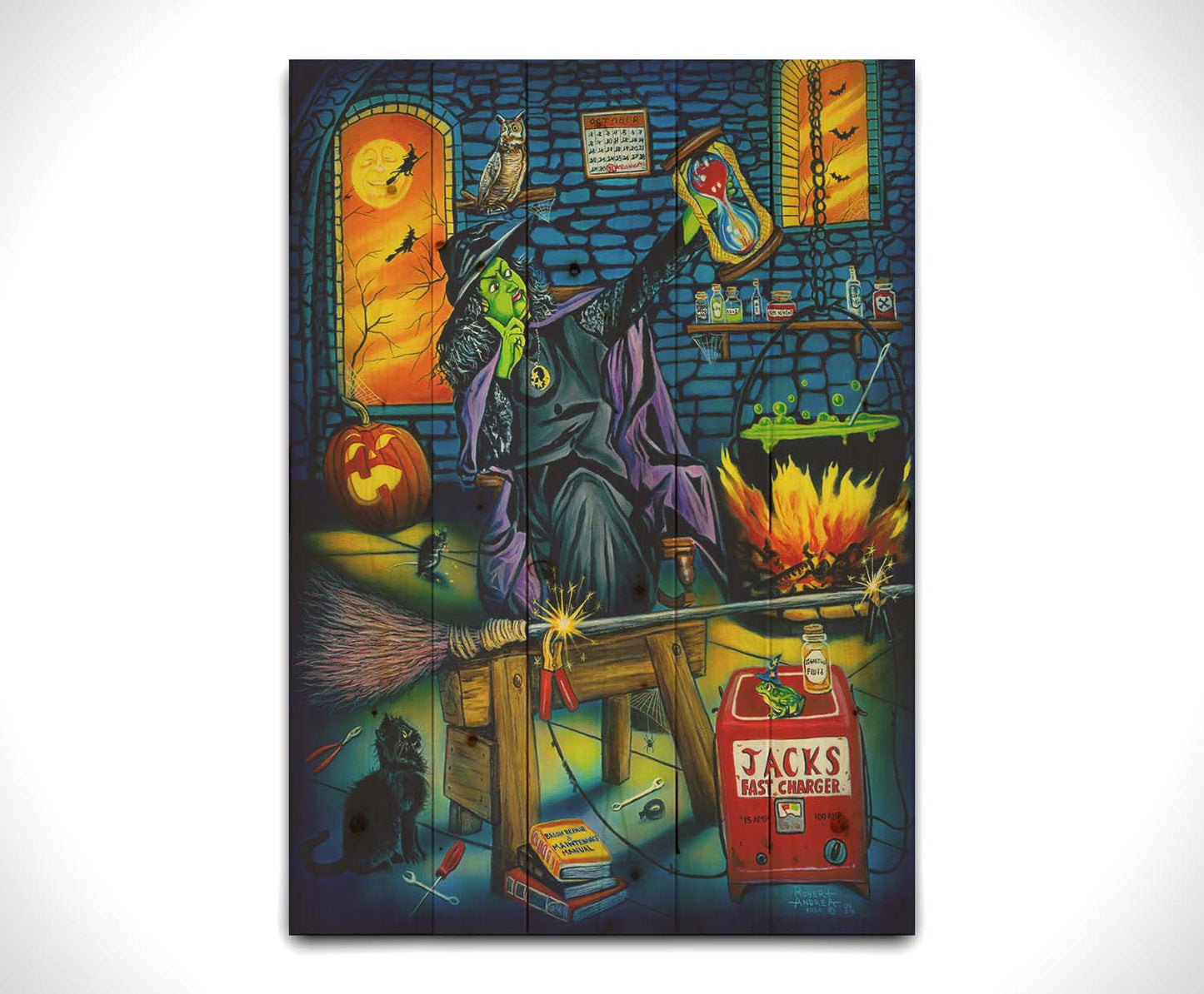 A painting of a witch, using a generator to charge her broom impatiently as other witches fly outside in front of the moon. Printed on a wood pallet.