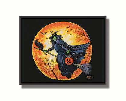 A painting of a witch, flying on a broom in front of an orange moon while carrying a pumpkin-shaped basket of candy. Printed on canvas in a float frame.