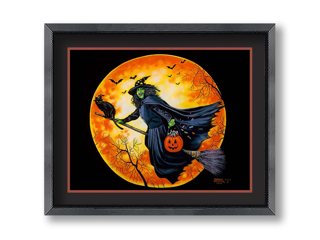 A painting of a witch, flying on a broom in front of an orange moon while carrying a pumpkin-shaped basket of candy. Printed on paper, matted, and framed.