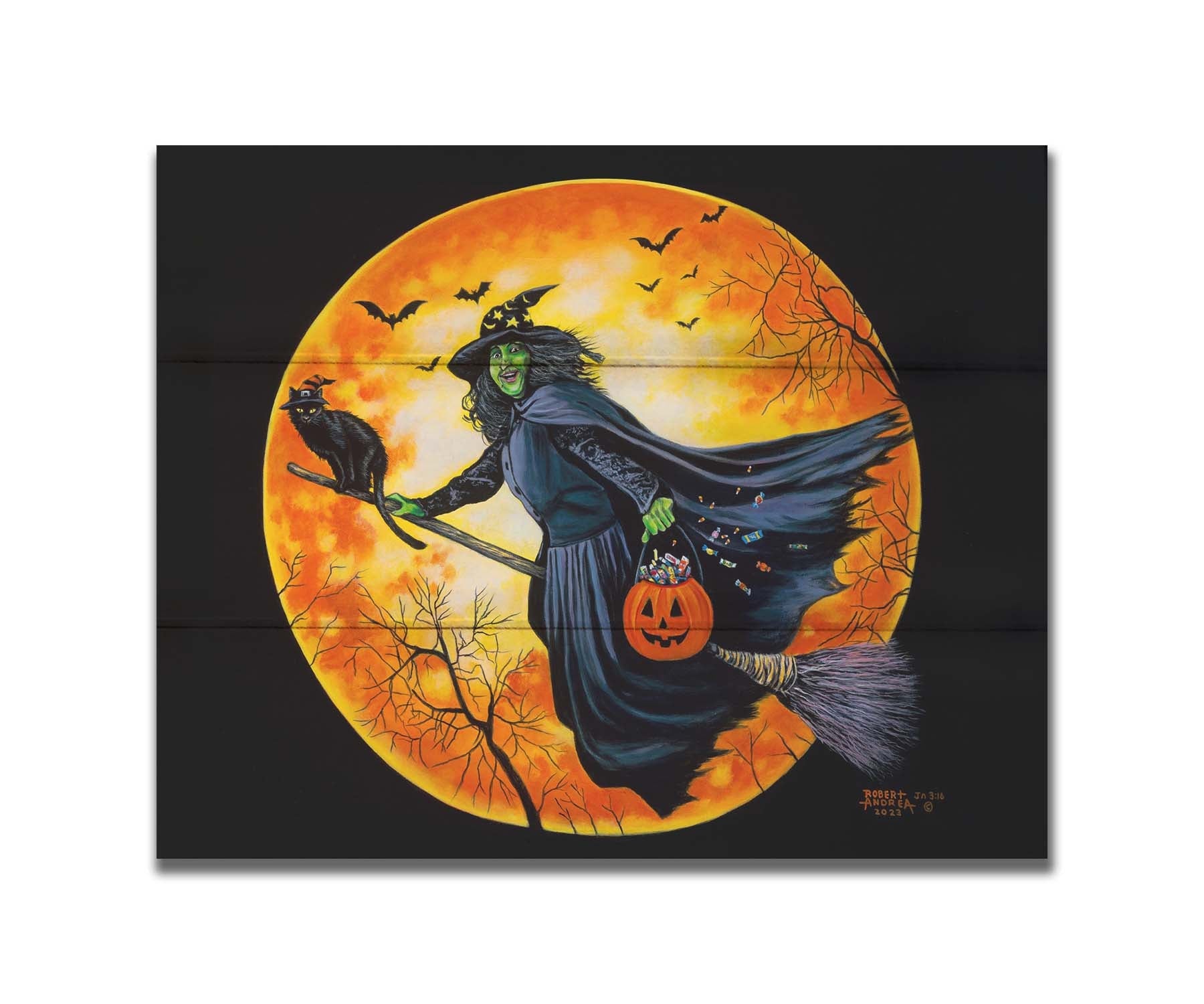 A painting of a witch, flying on a broom in front of an orange moon while carrying a pumpkin-shaped basket of candy. Printed on a box board.