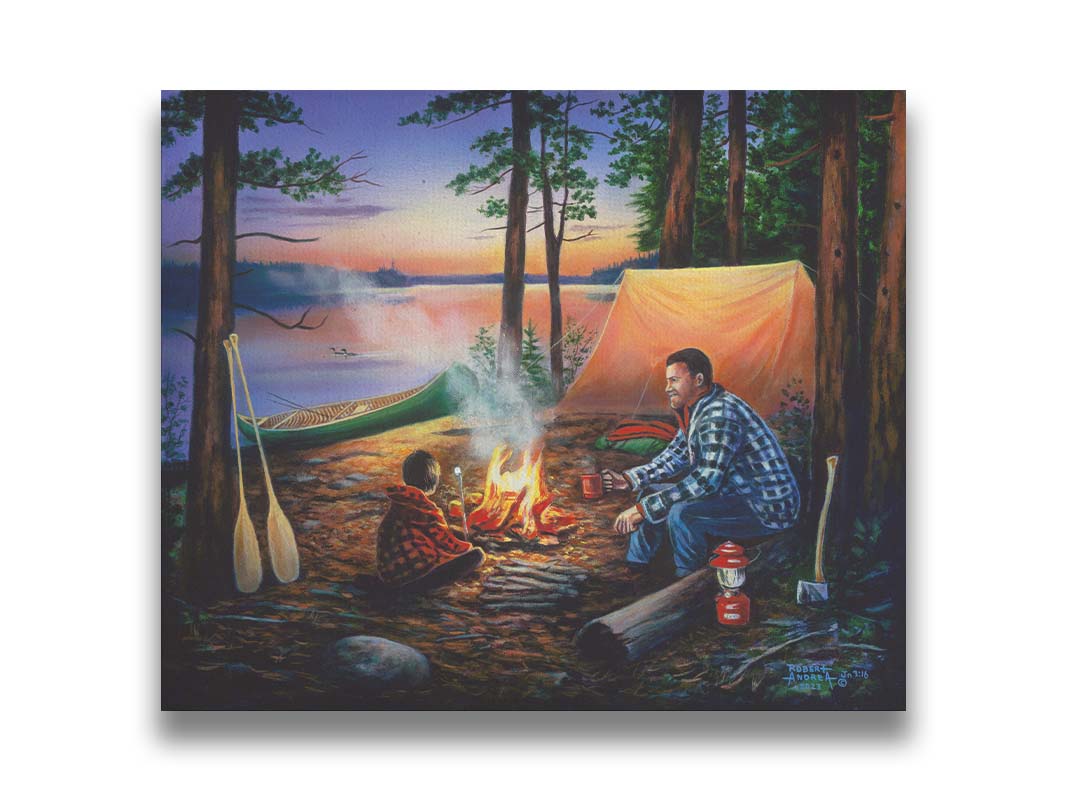 A painting of a father and son camping in the woods. The sun sets in the background over a lake, as the two sit at a campfire roasting marshmallows. Printed on canvas.