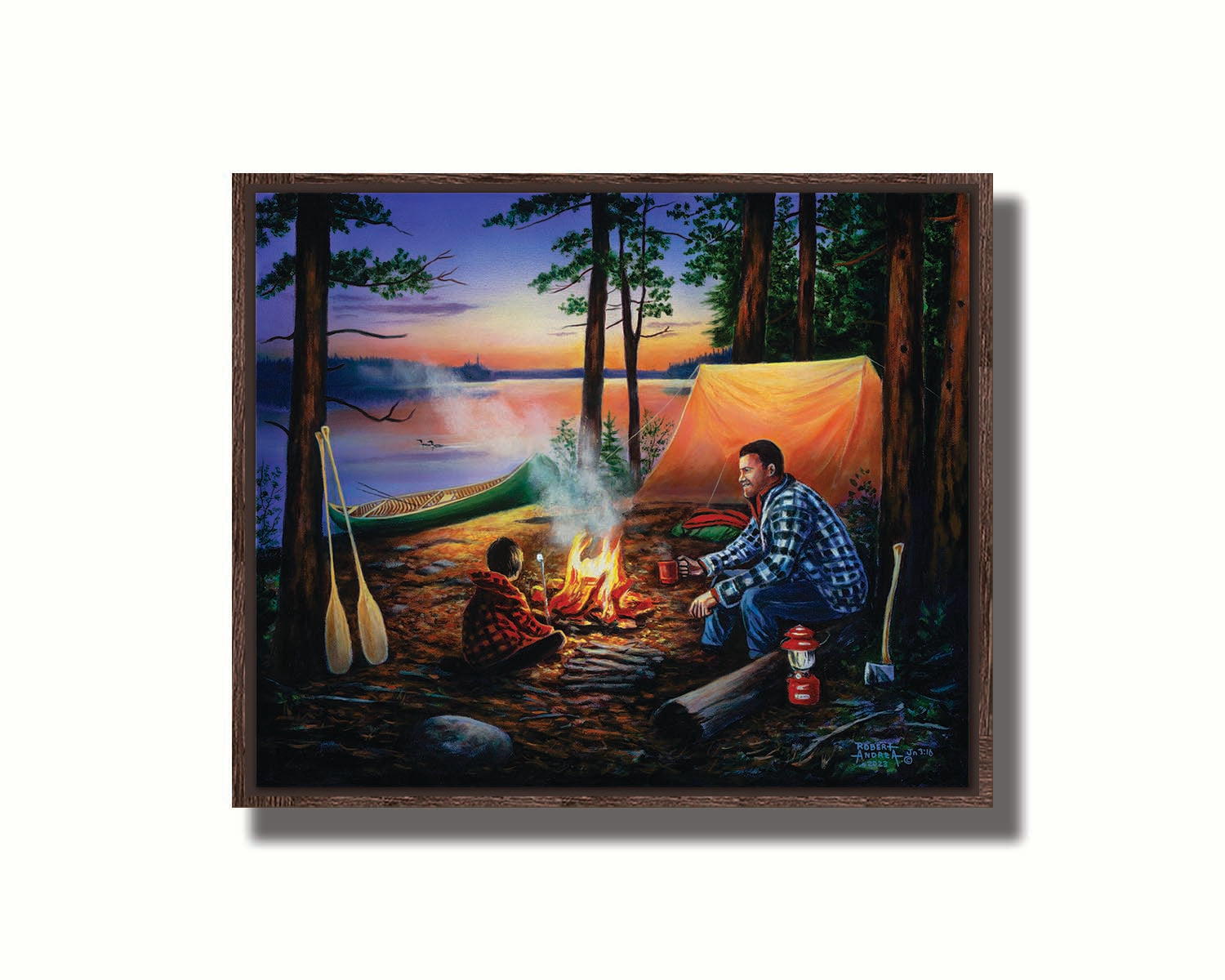 A painting of a father and son camping in the woods. The sun sets in the background over a lake, as the two sit at a campfire roasting marshmallows. Printed on canvas in a float frame.