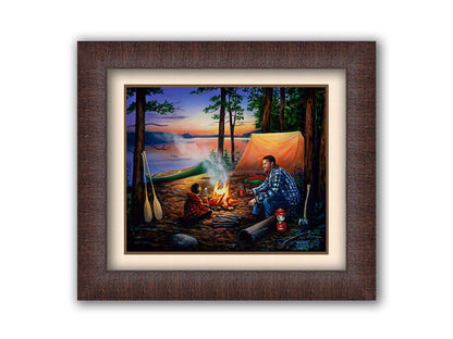 A painting of a father and son camping in the woods. The sun sets in the background over a lake, as the two sit at a campfire roasting marshmallows. Printed on paper, matted, and framed.