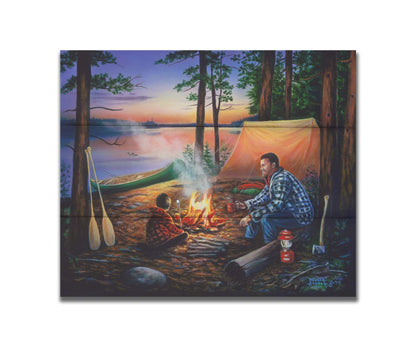 A painting of a father and son camping in the woods. The sun sets in the background over a lake, as the two sit at a campfire roasting marshmallows. Printed on a box board.