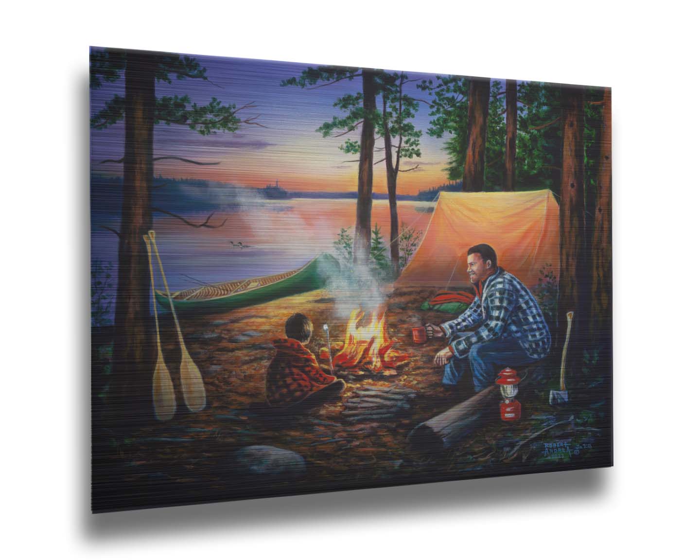 A painting of a father and son camping in the woods. The sun sets in the background over a lake, as the two sit at a campfire roasting marshmallows. Printed on metal.