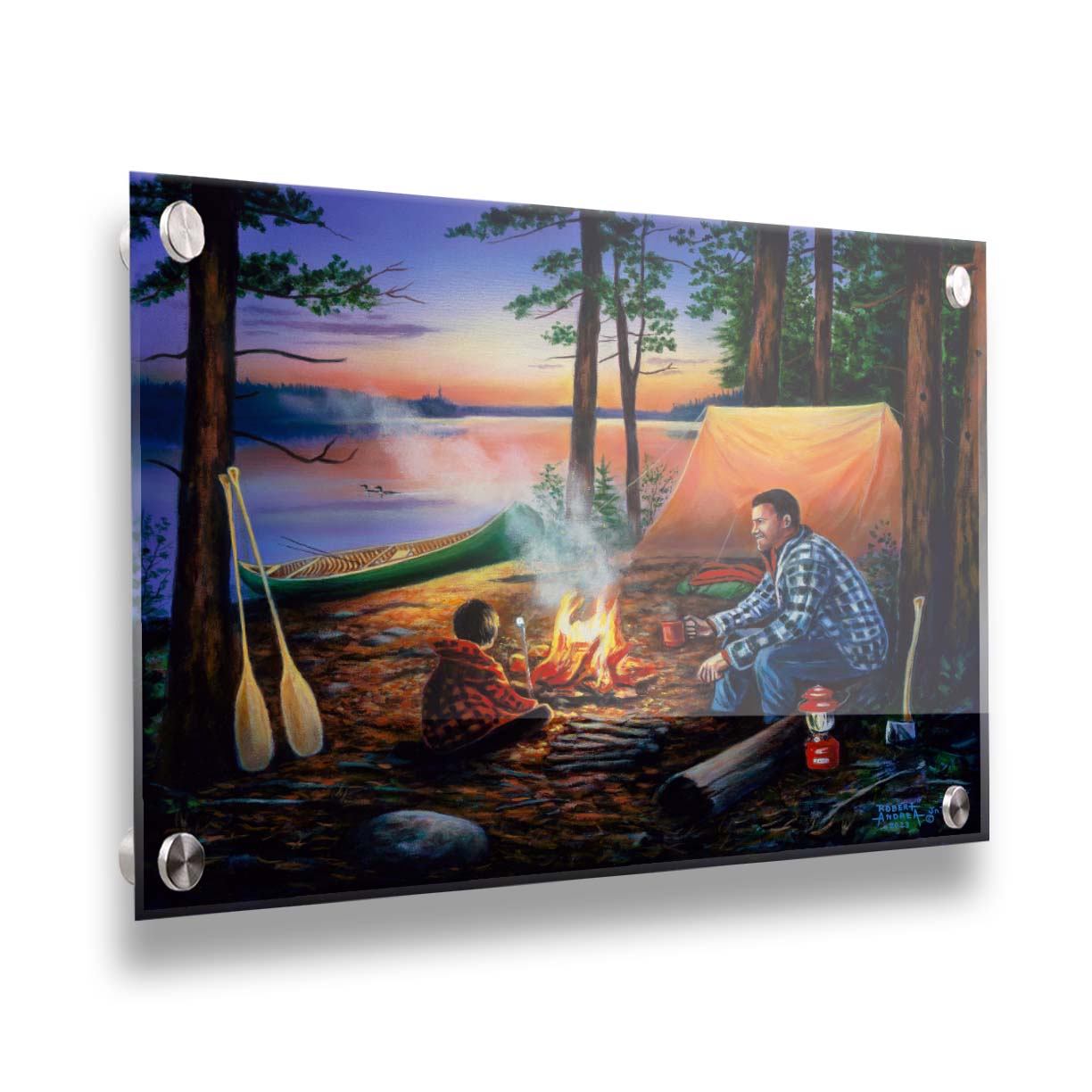 A painting of a father and son camping in the woods. The sun sets in the background over a lake, as the two sit at a campfire roasting marshmallows. Printed on acrylic.