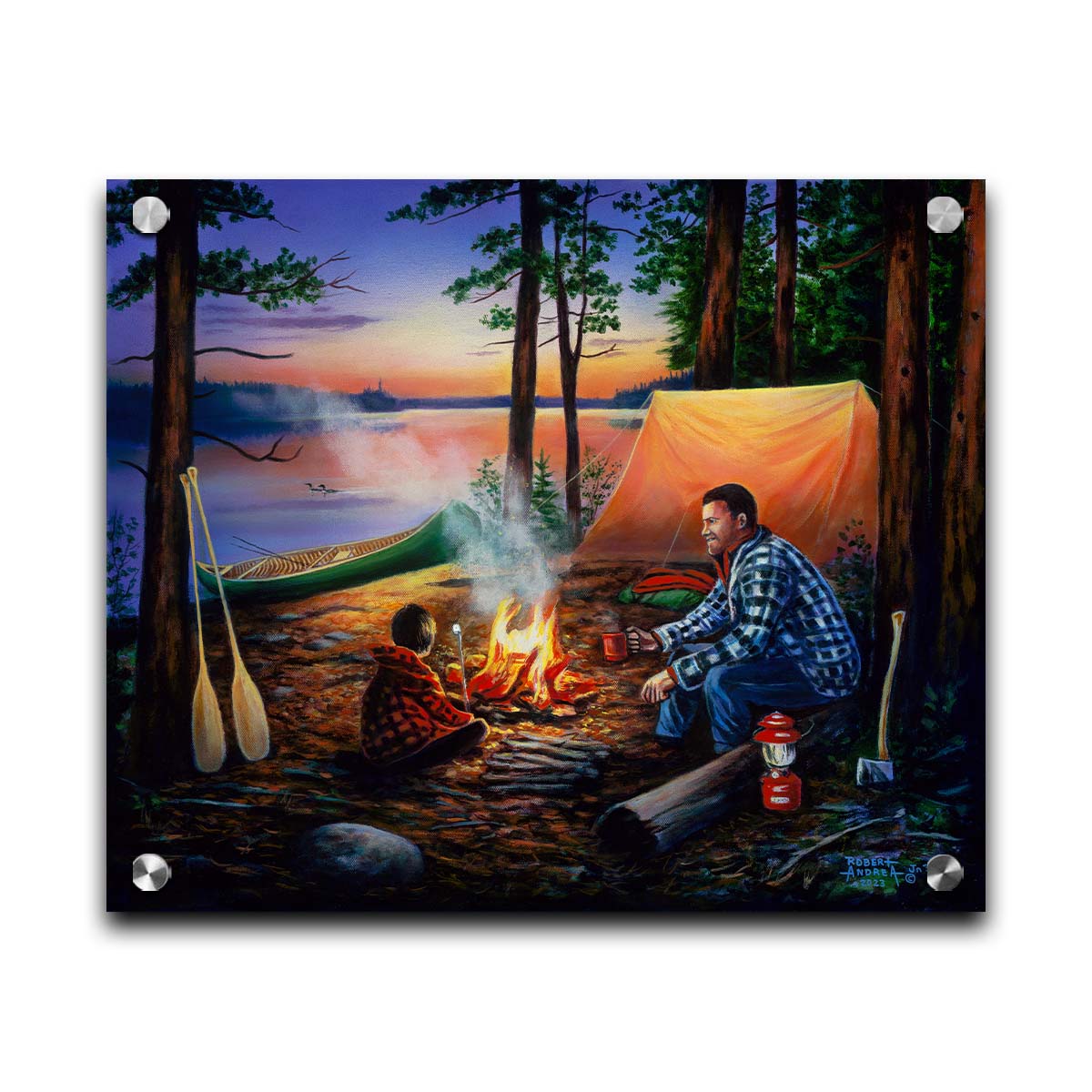 A painting of a father and son camping in the woods. The sun sets in the background over a lake, as the two sit at a campfire roasting marshmallows. Printed on acrylic.