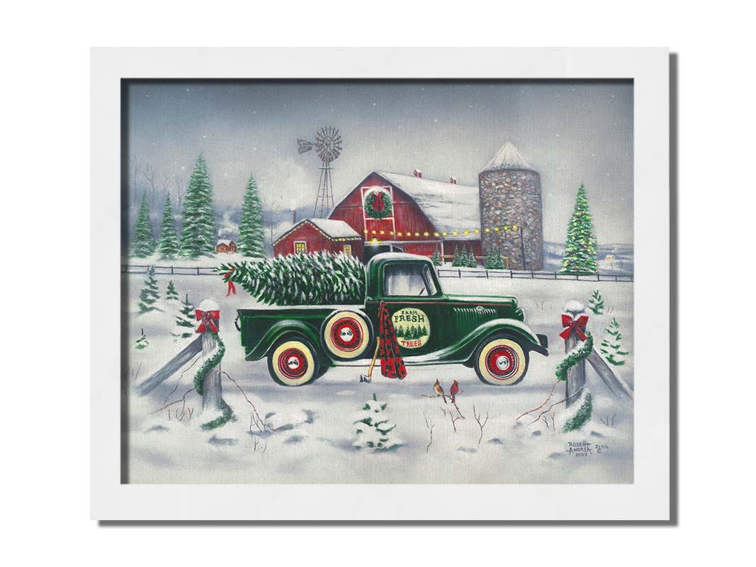 A painting of a green truck on a snowy road, preparing to deliver a freshly cut evergreen tree to a customer. A big red barn sits in the background, surrounded by large evergreens decorated for Christmas. Printed on canvas and framed.