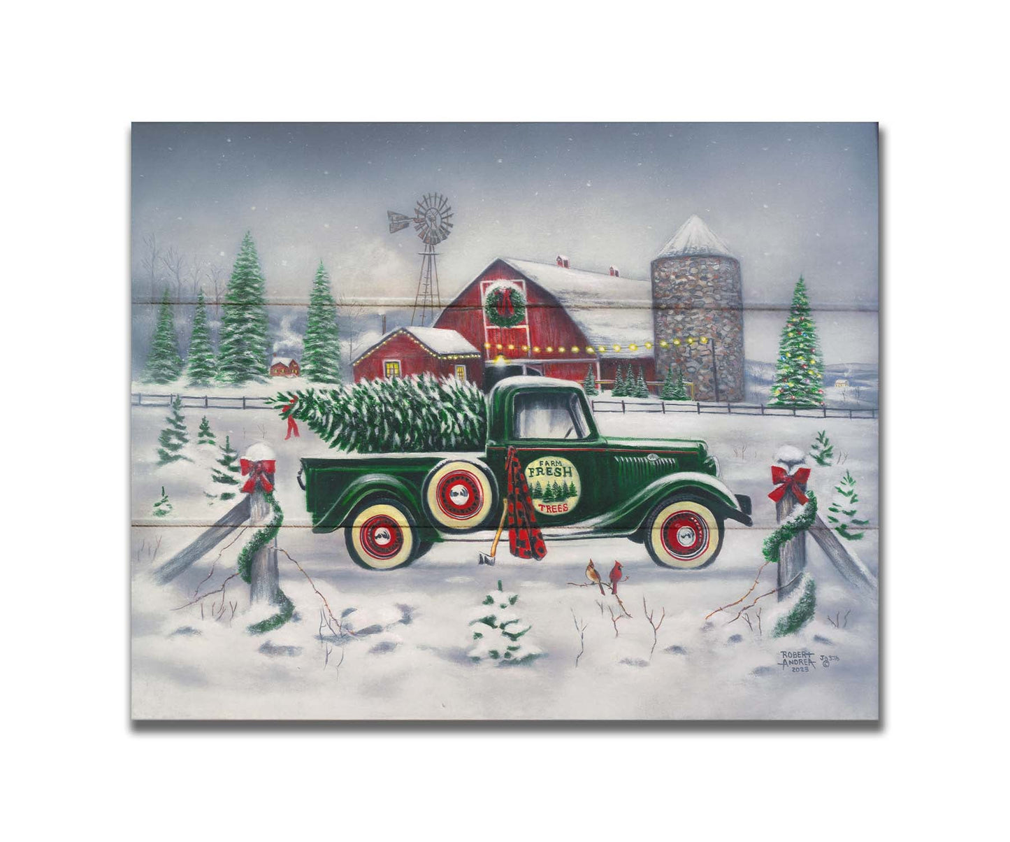 A painting of a green truck on a snowy road, preparing to deliver a freshly cut evergreen tree to a customer. A big red barn sits in the background, surrounded by large evergreens decorated for Christmas. Printed on a box board.