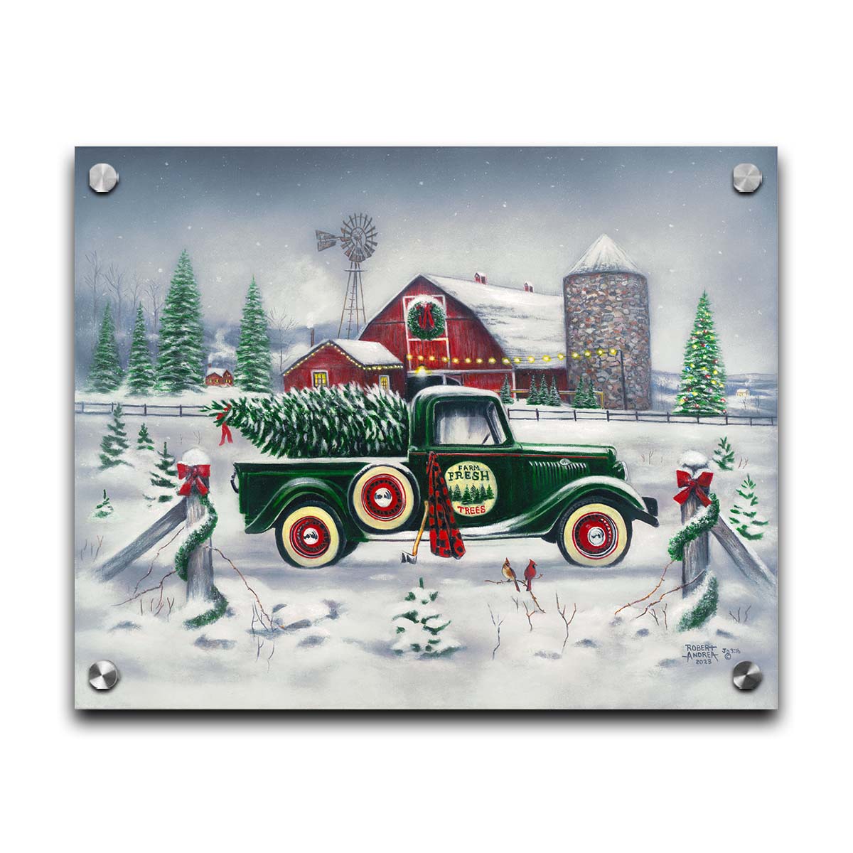 A painting of a green truck on a snowy road, preparing to deliver a freshly cut evergreen tree to a customer. A big red barn sits in the background, surrounded by large evergreens decorated for Christmas. Printed on acrylic.