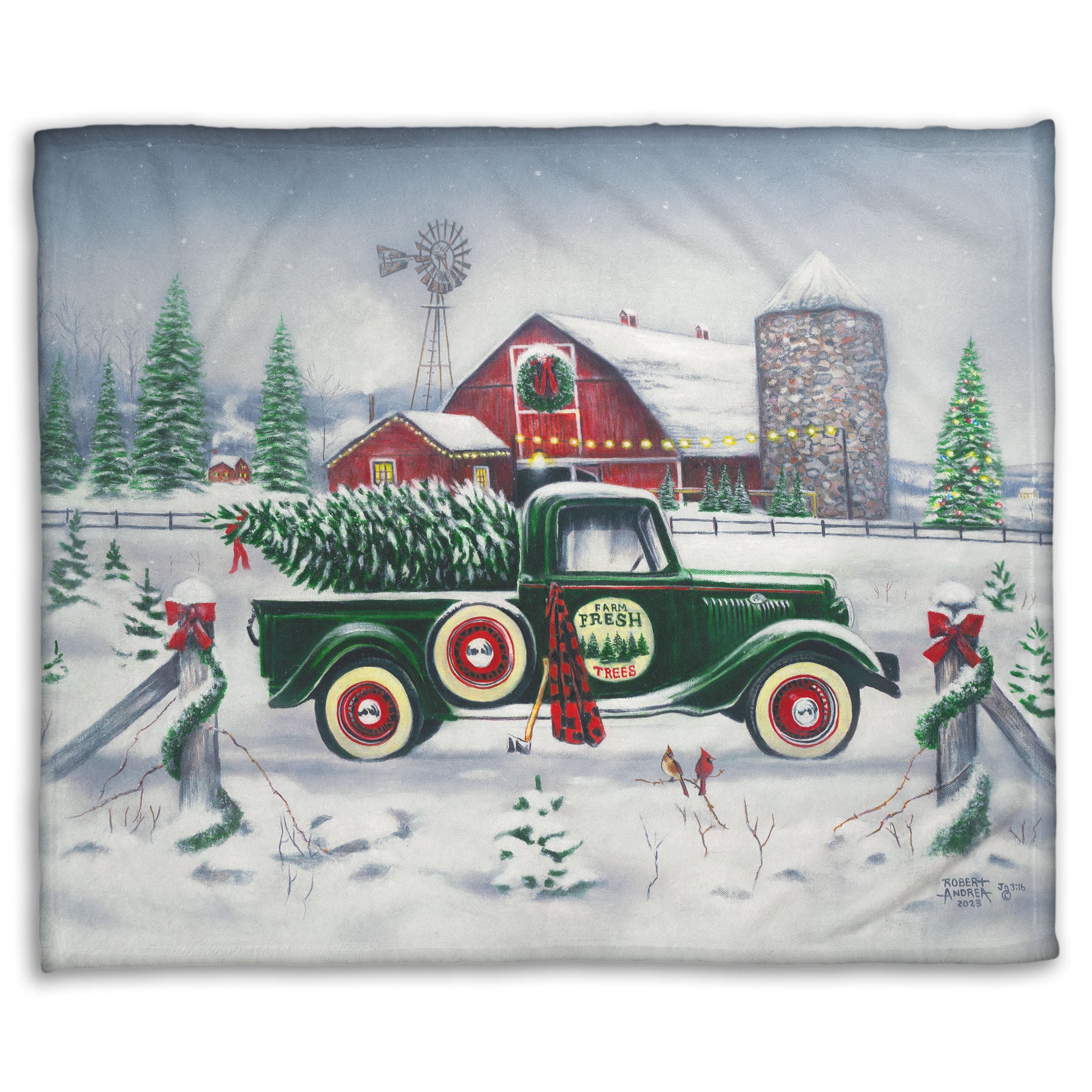 Coral fleece blanket with a vintage truck and barn design.