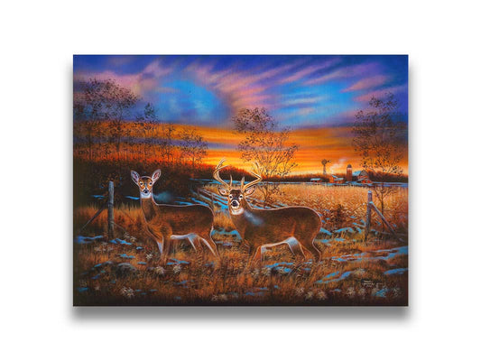 A painting of two whitetail deer in a field during a vivid sunset, with a large barn in the background. Printed on canvas.