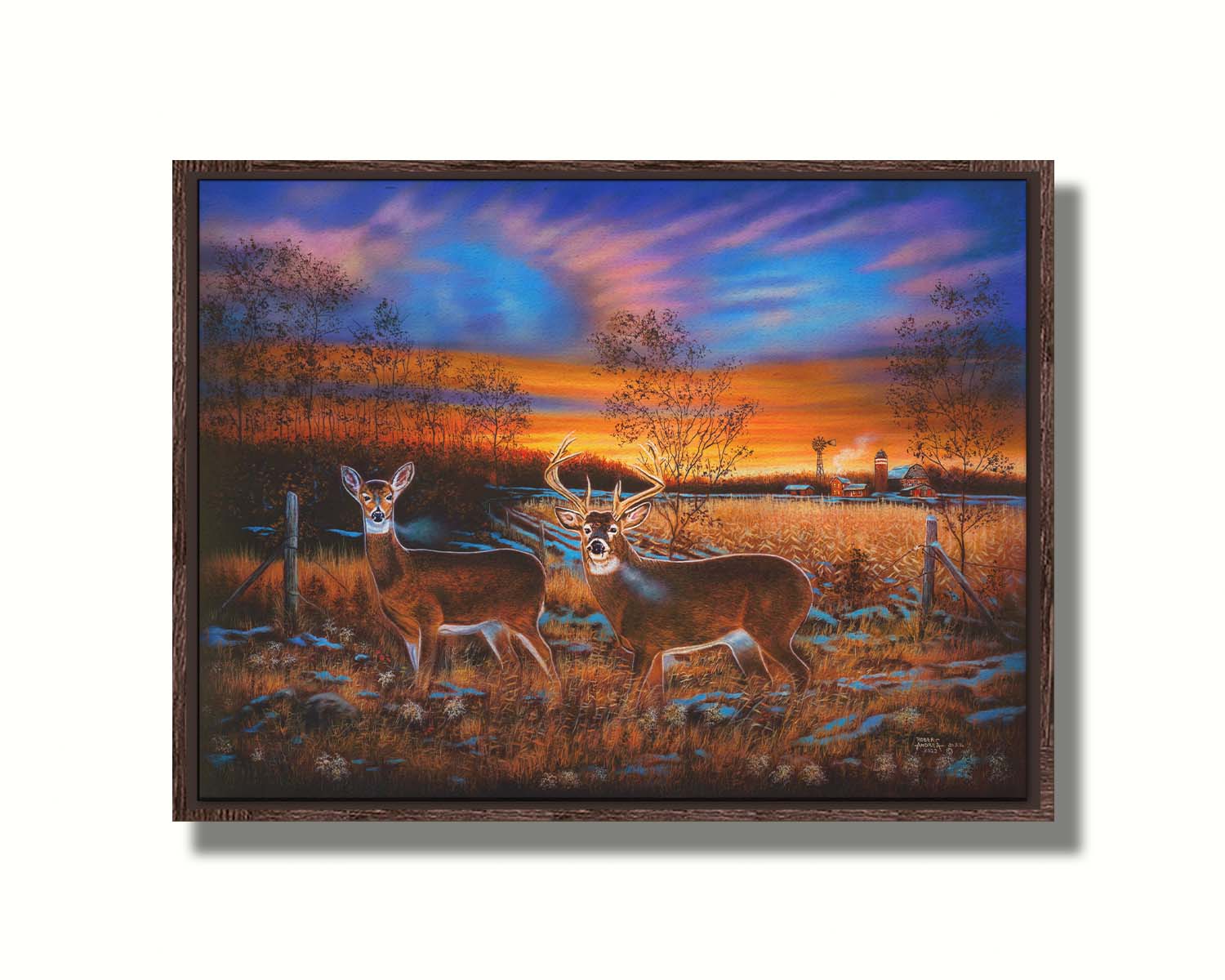 A painting of two whitetail deer in a field during a vivid sunset, with a large barn in the background. Printed on canvas in a float frame.