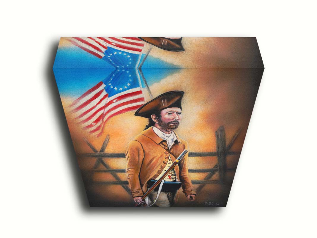 A painting of an American Revolutionary War minuteman, standind with a gun and Betsy Ross American flag. The background fortifications are clouded with dust. Printed on canvas.