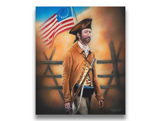 A painting of an American Revolutionary War minuteman, standind with a gun and Betsy Ross American flag. The background fortifications are clouded with dust. Printed on canvas.