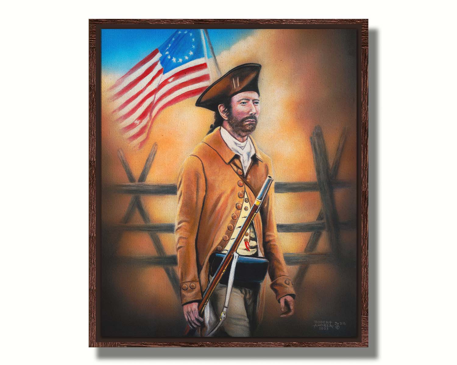 A painting of an American Revolutionary War minuteman, standind with a gun and Betsy Ross American flag. The background fortifications are clouded with dust. Printed on canvas in a float frame.