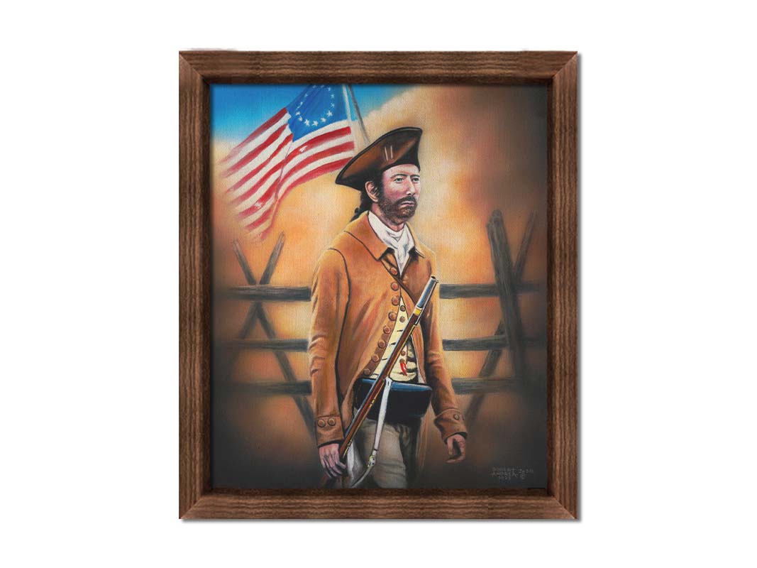 A painting of an American Revolutionary War minuteman, standind with a gun and Betsy Ross American flag. The background fortifications are clouded with dust. Printed on canvas and framed.