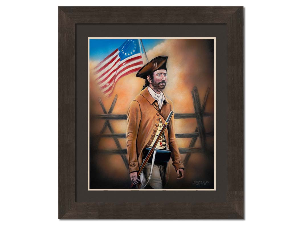 A painting of an American Revolutionary War minuteman, standind with a gun and Betsy Ross American flag. The background fortifications are clouded with dust. Printed on paper, matted, and framed.