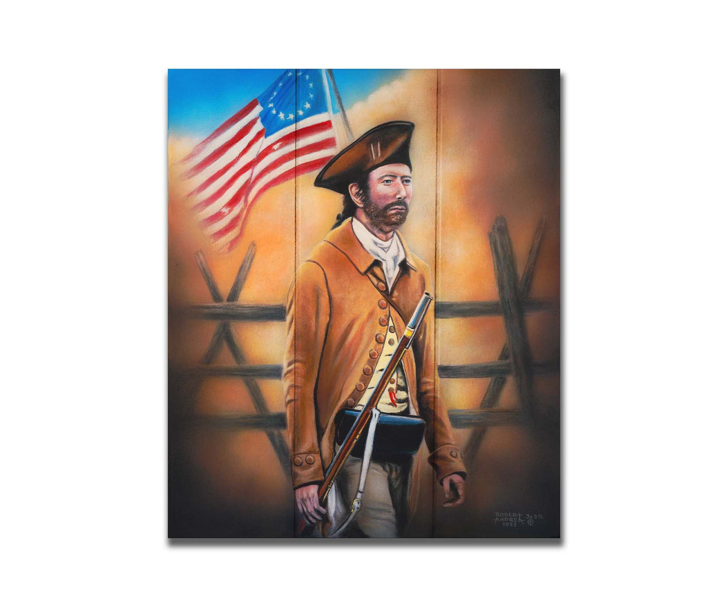 A painting of an American Revolutionary War minuteman, standind with a gun and Betsy Ross American flag. The background fortifications are clouded with dust. Printed on a box board.