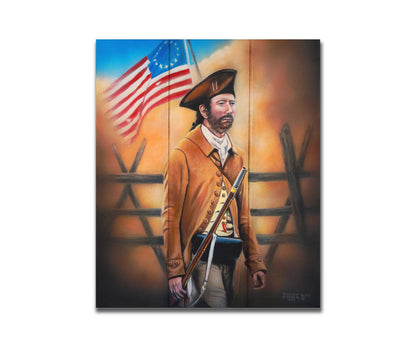 A painting of an American Revolutionary War minuteman, standind with a gun and Betsy Ross American flag. The background fortifications are clouded with dust. Printed on a box board.