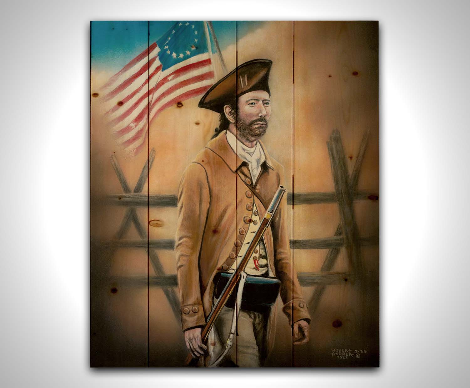 A painting of an American Revolutionary War minuteman, standind with a gun and Betsy Ross American flag. The background fortifications are clouded with dust. Printed on a wood pallet.