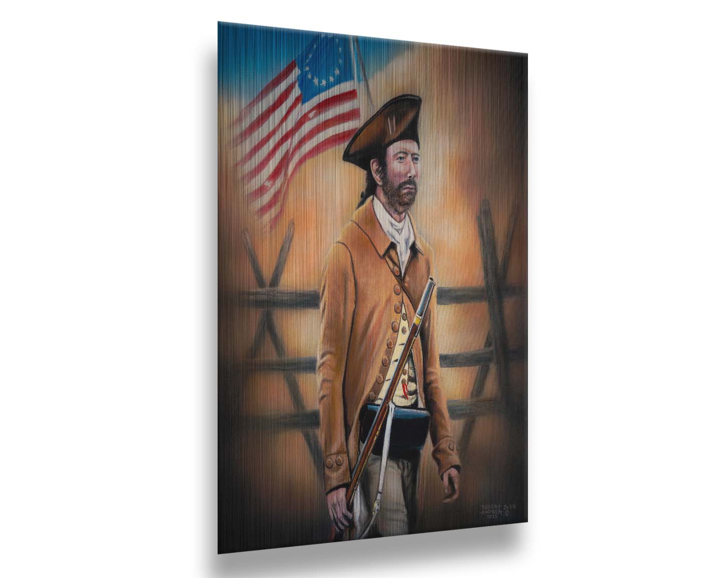 A painting of an American Revolutionary War minuteman, standind with a gun and Betsy Ross American flag. The background fortifications are clouded with dust. Printed on metal.