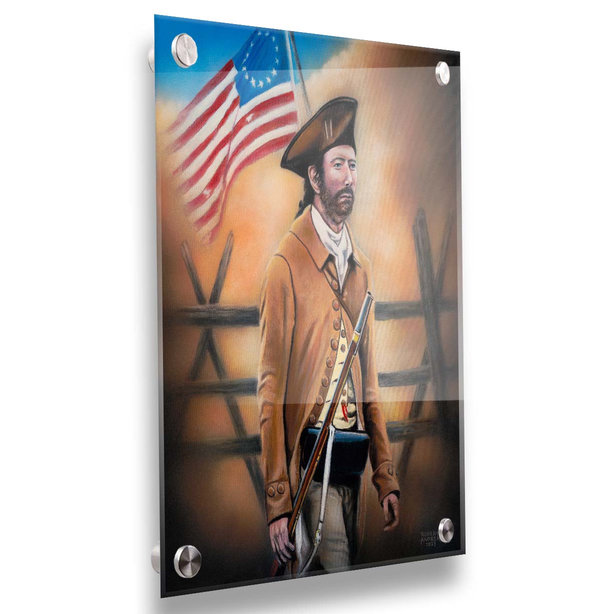 A painting of an American Revolutionary War minuteman, standind with a gun and Betsy Ross American flag. The background fortifications are clouded with dust. Printed on acrylic.