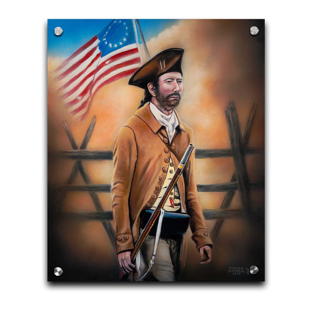 A painting of an American Revolutionary War minuteman, standind with a gun and Betsy Ross American flag. The background fortifications are clouded with dust. Printed on acrylic.