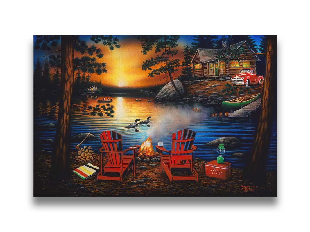 A painting of Kakagi Lake in Ontario, Canada. Cabins sit on the shore by docks of canoes used by fishermen. In the foreground, lawn chairs sit by a campfire. Printed on canvas.