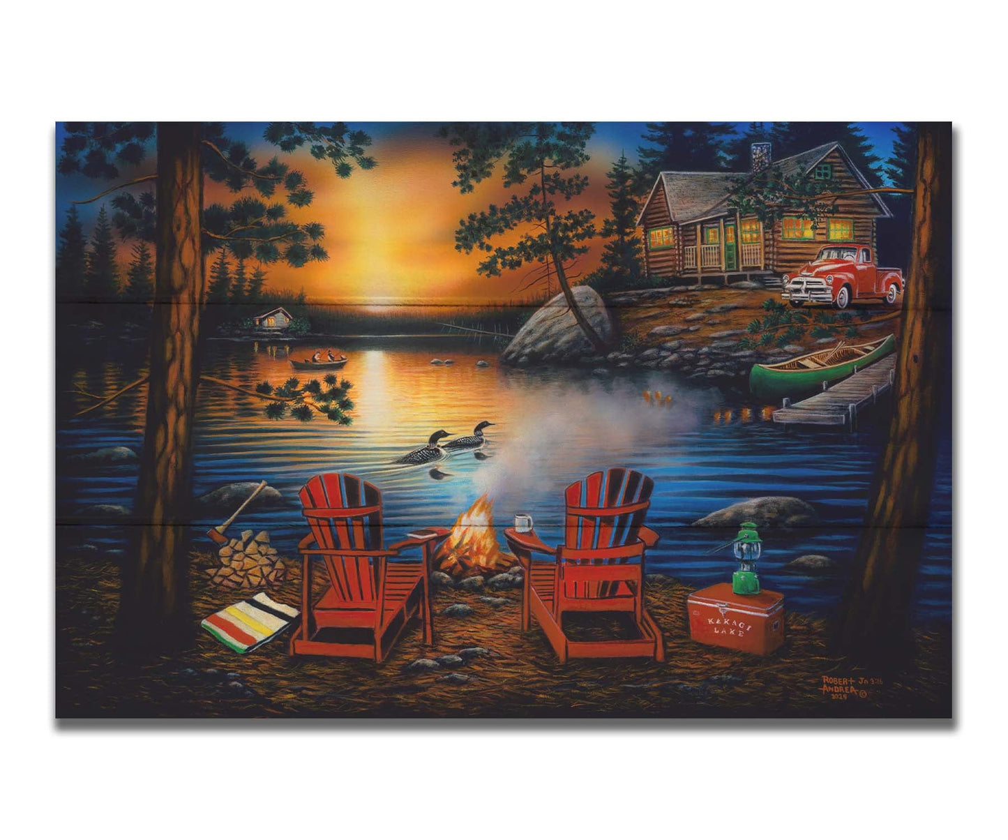 A painting of Kakagi Lake in Ontario, Canada. Cabins sit on the shore by docks of canoes used by fishermen. In the foreground, lawn chairs sit by a campfire. Printed on a box board.