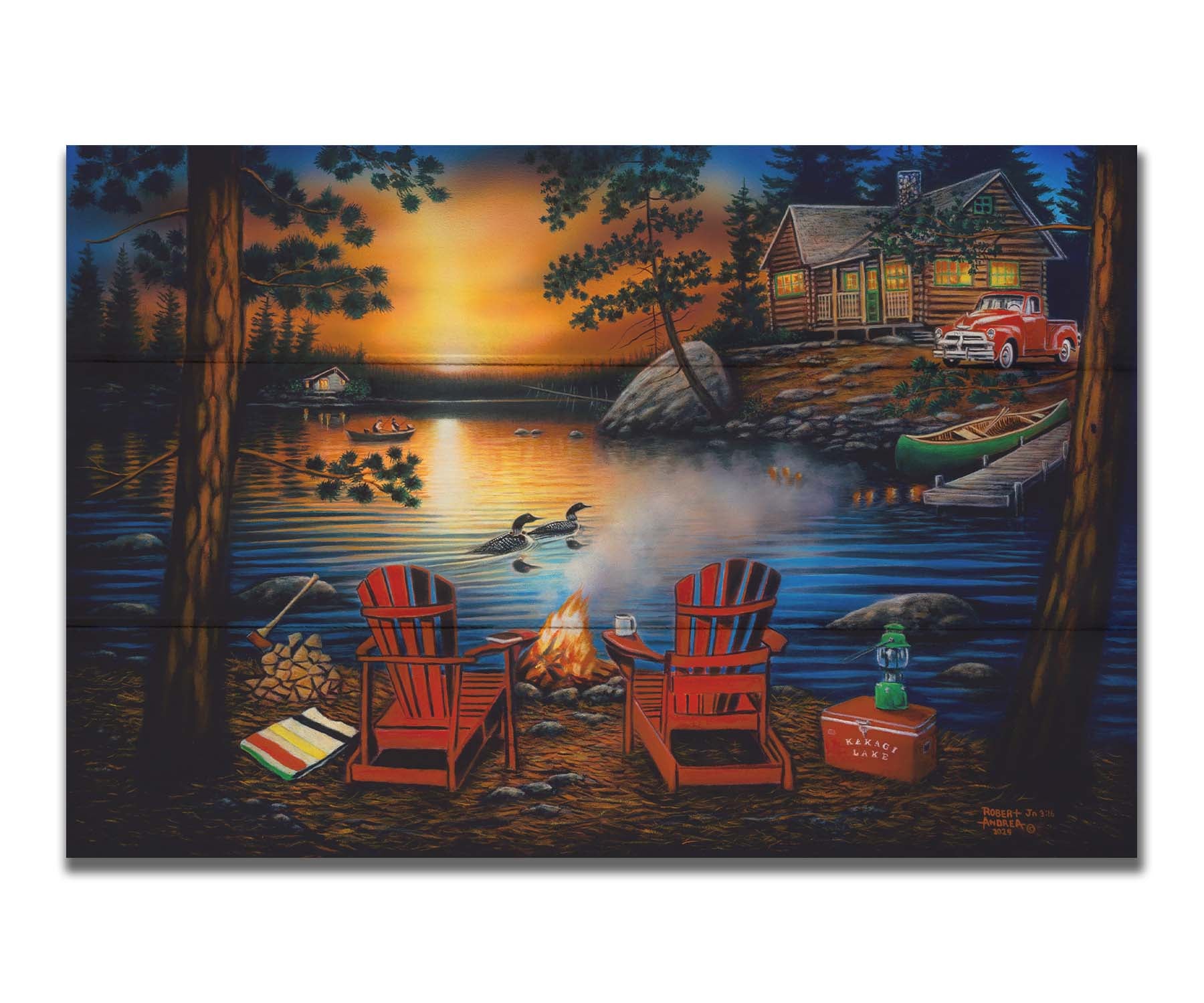 A painting of Kakagi Lake in Ontario, Canada. Cabins sit on the shore by docks of canoes used by fishermen. In the foreground, lawn chairs sit by a campfire. Printed on a box board.