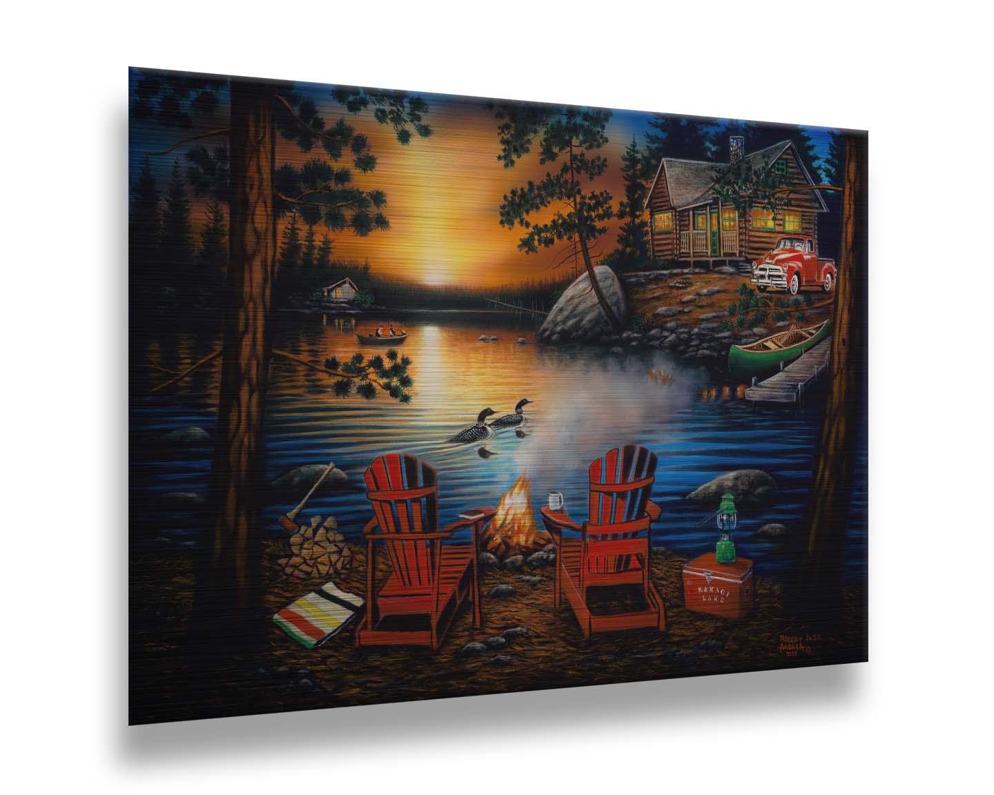 A painting of Kakagi Lake in Ontario, Canada. Cabins sit on the shore by docks of canoes used by fishermen. In the foreground, lawn chairs sit by a campfire. Printed on metal.