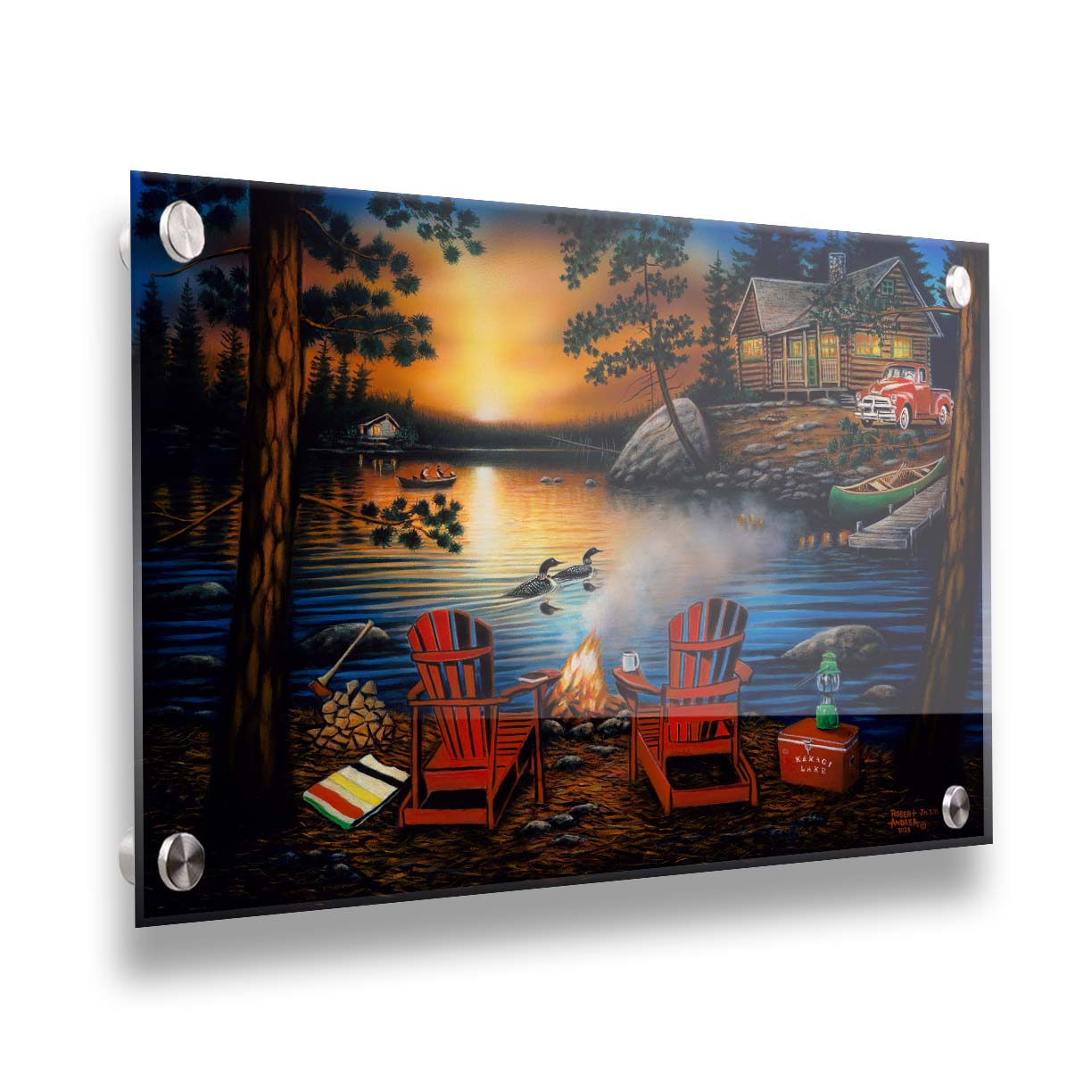 A painting of Kakagi Lake in Ontario, Canada. Cabins sit on the shore by docks of canoes used by fishermen. In the foreground, lawn chairs sit by a campfire. Printed on acrylic.