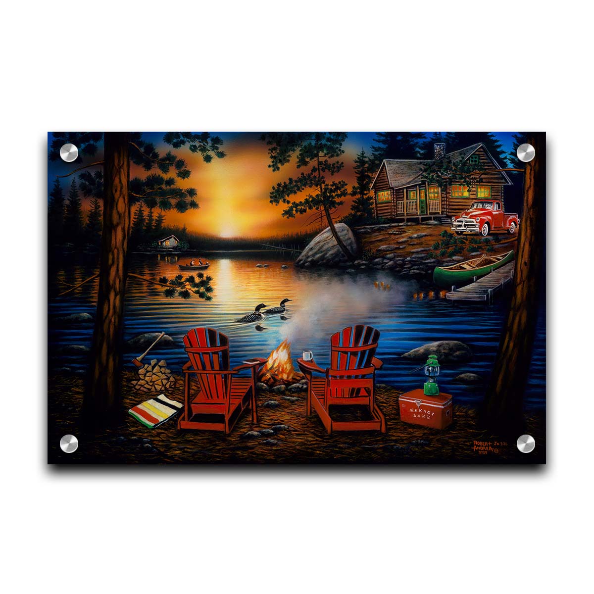 A painting of Kakagi Lake in Ontario, Canada. Cabins sit on the shore by docks of canoes used by fishermen. In the foreground, lawn chairs sit by a campfire. Printed on acrylic.